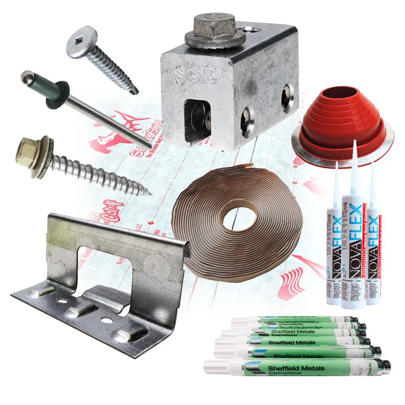 Selection of roofing fasteners, sealants, flashings and ventilation accessories
