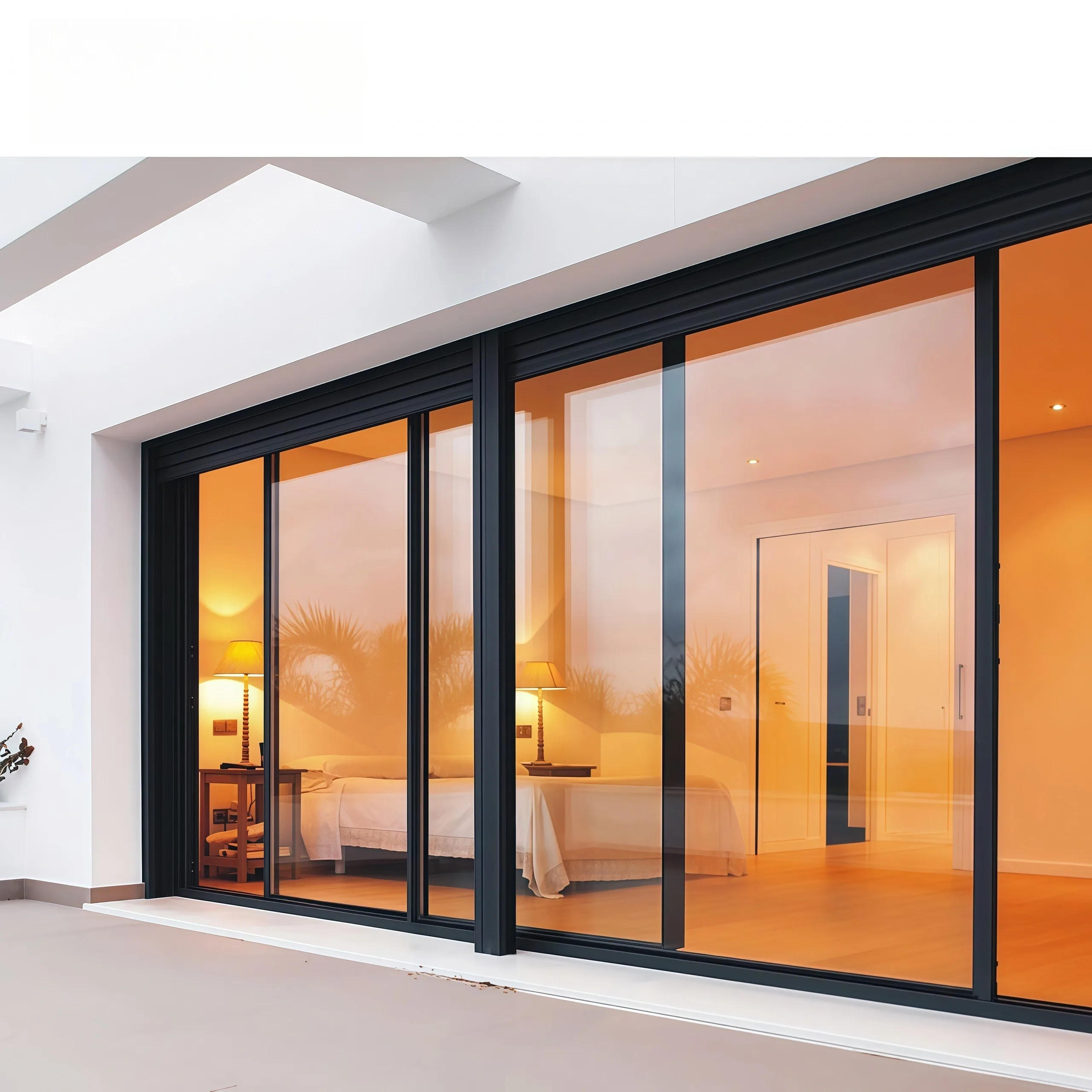 Black-framed sliding glass doors opening onto a bright interior